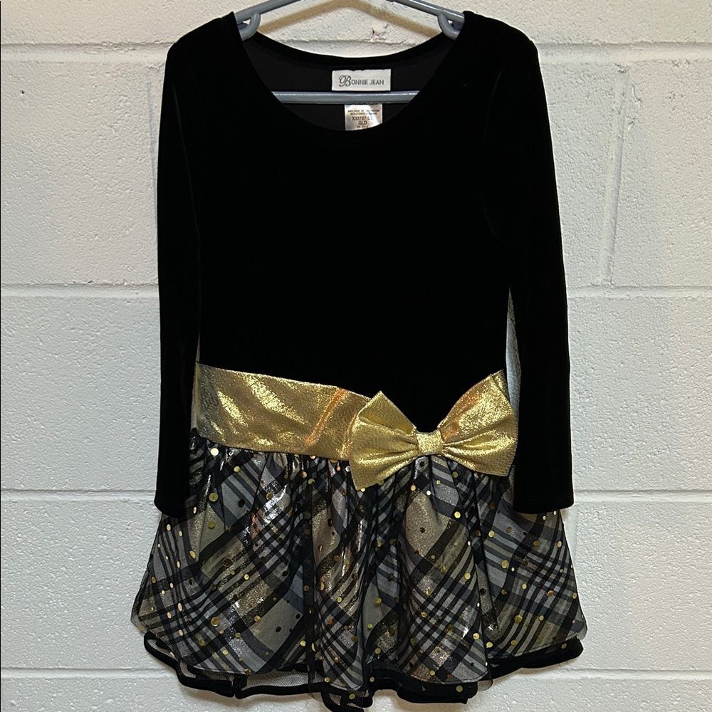 Bonnie Jean Black Velvet Dress with Plaid Skirt